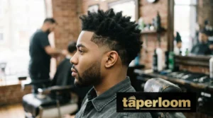 Taper low burst fade haircut with a curved burst around the ear