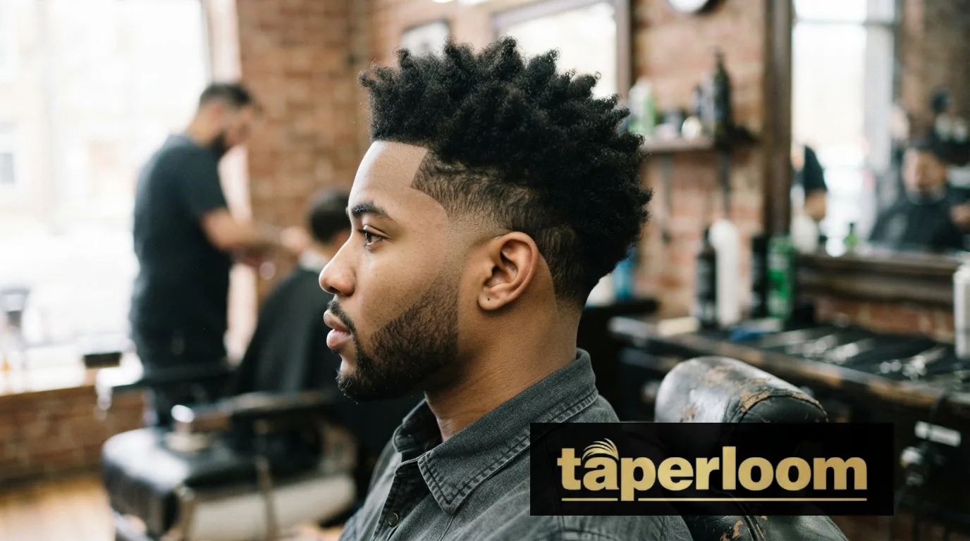 Taper low burst fade haircut with a curved burst around the ear