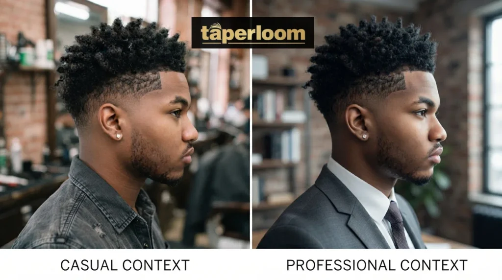 Taper low burst fade styled for school versus a professional office setting