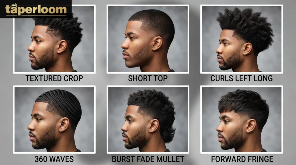 Six taper low burst fade style variations from textured crop to mullet