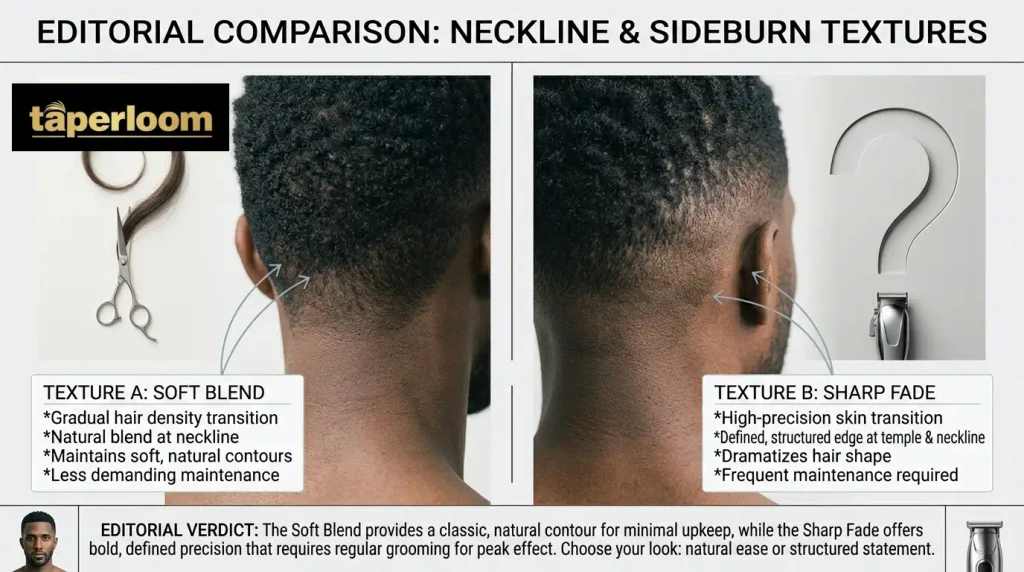 Quick visual chart comparing contrast, skin exposure, and maintenance between low taper and low fade