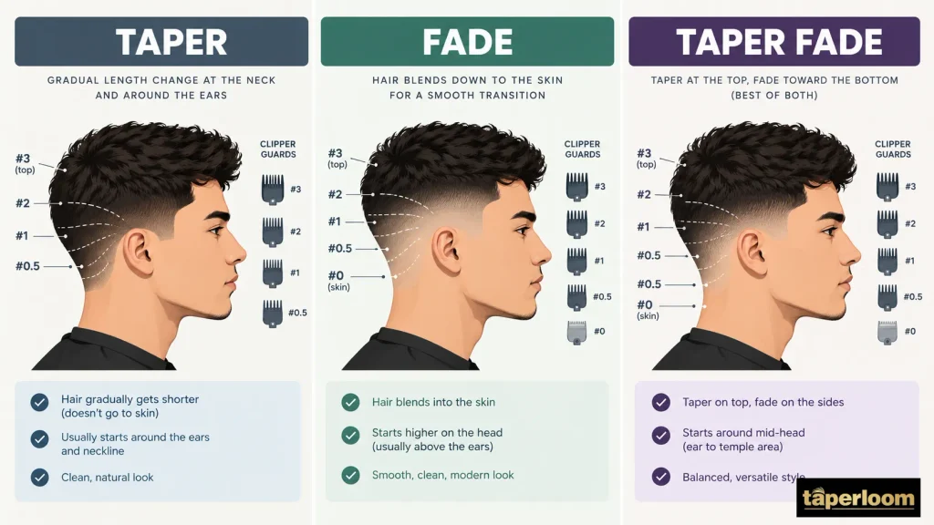 Diagram explaining the difference between a taper, a fade, and a taper fade haircut