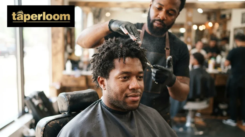 Man with coarse hair layered into a textured fringe mid taper