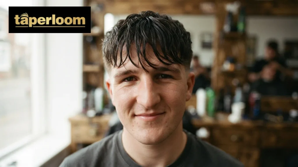 Final close-up look of a textured fringe mid taper haircut