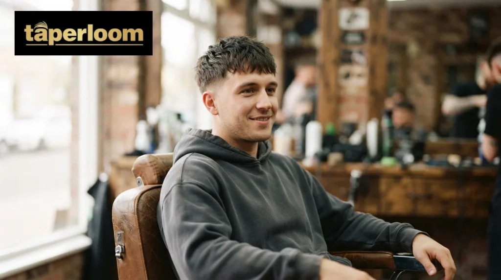 Man with an oval face wearing a textured fringe mid taper