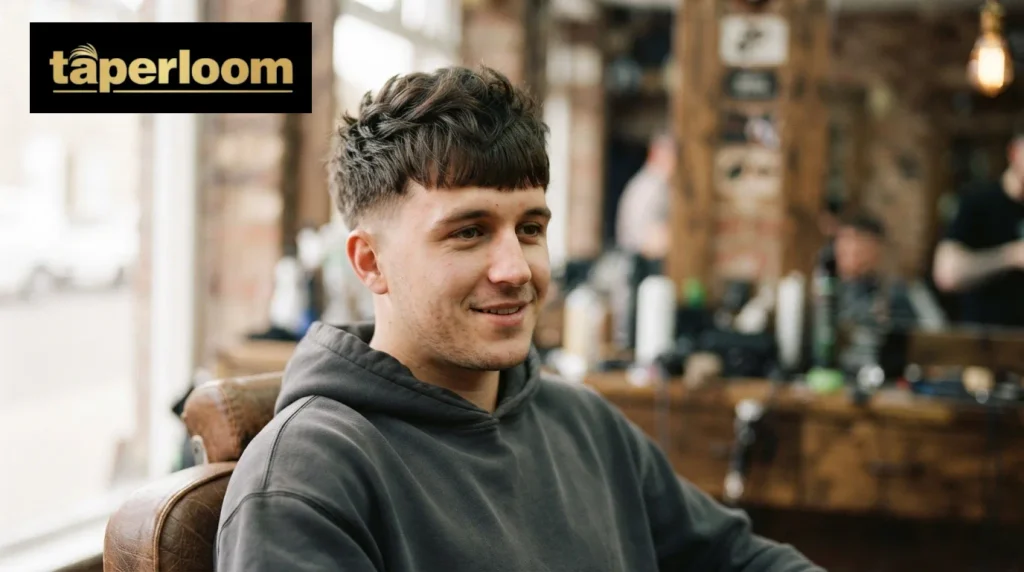 Man with a round face and added crown height for a textured fringe mid taper
