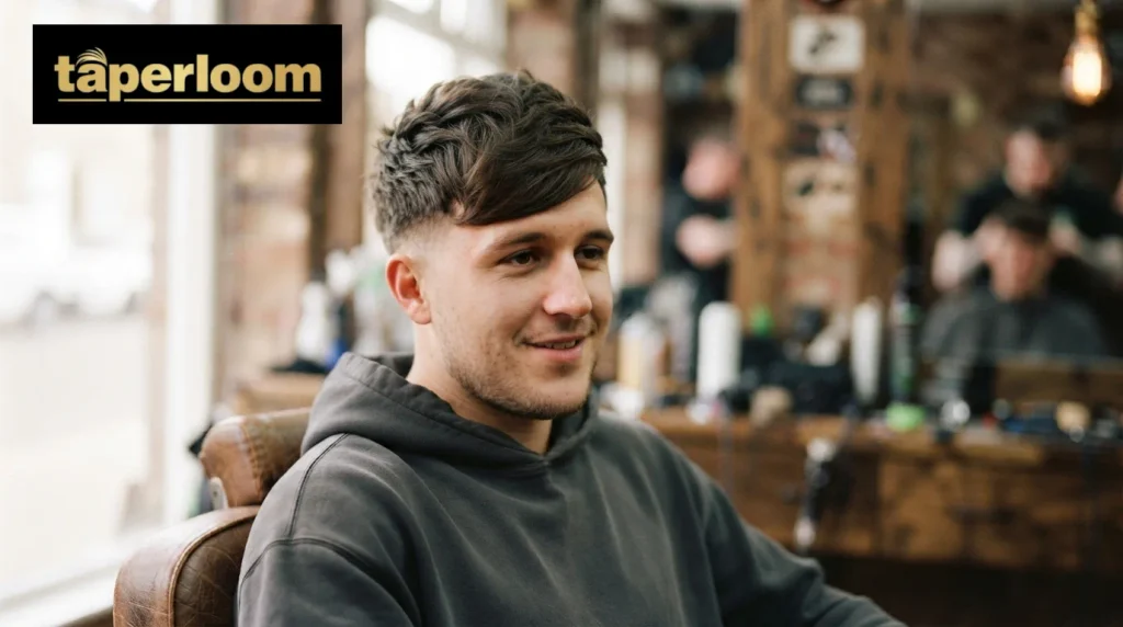 Man with a square jawline styled with a side swept textured fringe