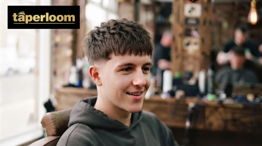 Man with straight hair styled into a textured fringe mid taper