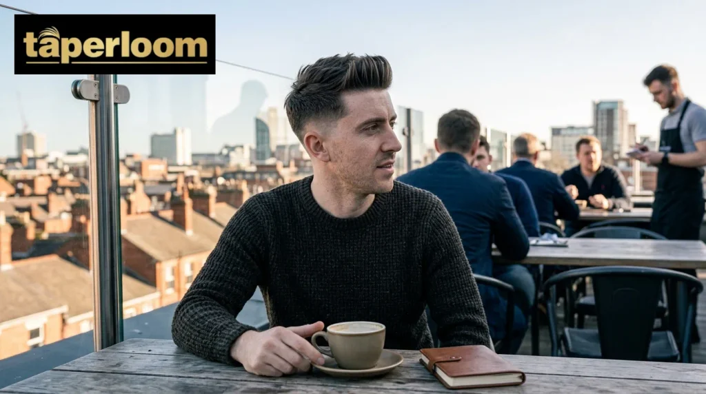 Side-parted textured crop and quiff combination with a low taper fade on straight hair.