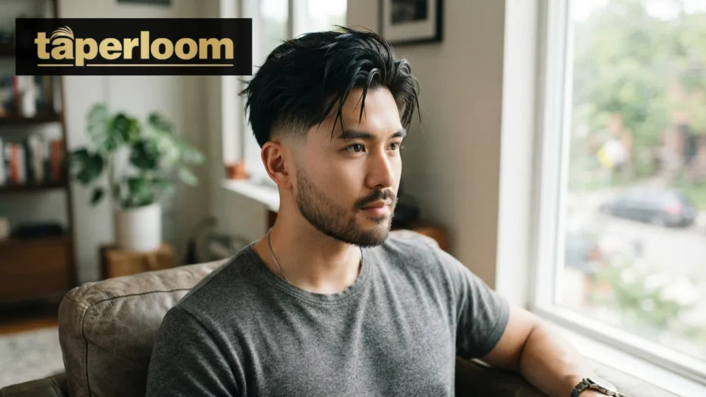 Man with a textured top hairstyle and low taper fade on straight hair