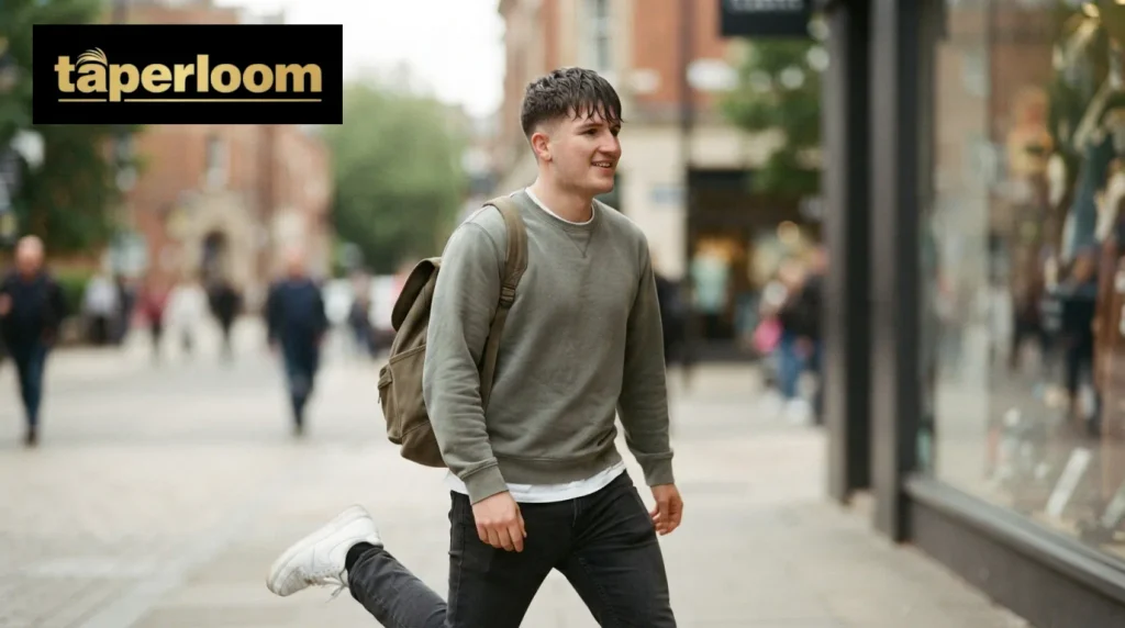 Man wearing a textured fringe mid taper in a casual everyday setting