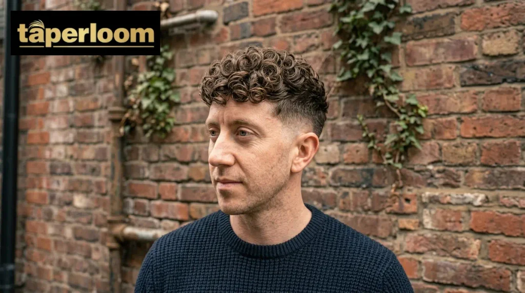 Voluminous curly crop haircut with subtle sides and clean low taper fade.