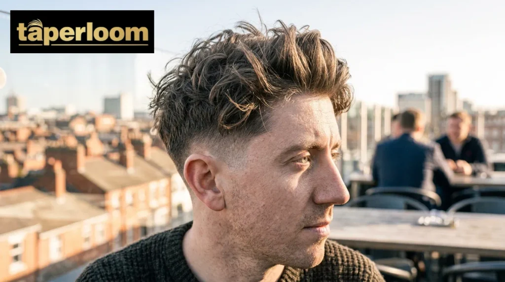 Piecey wavy top texture paired with a defined low taper fade line.