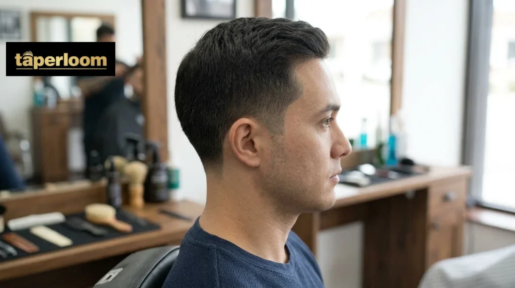 A low fade haircut showing hair dropping sharply to skin level near the ears and neckline for strong contrast