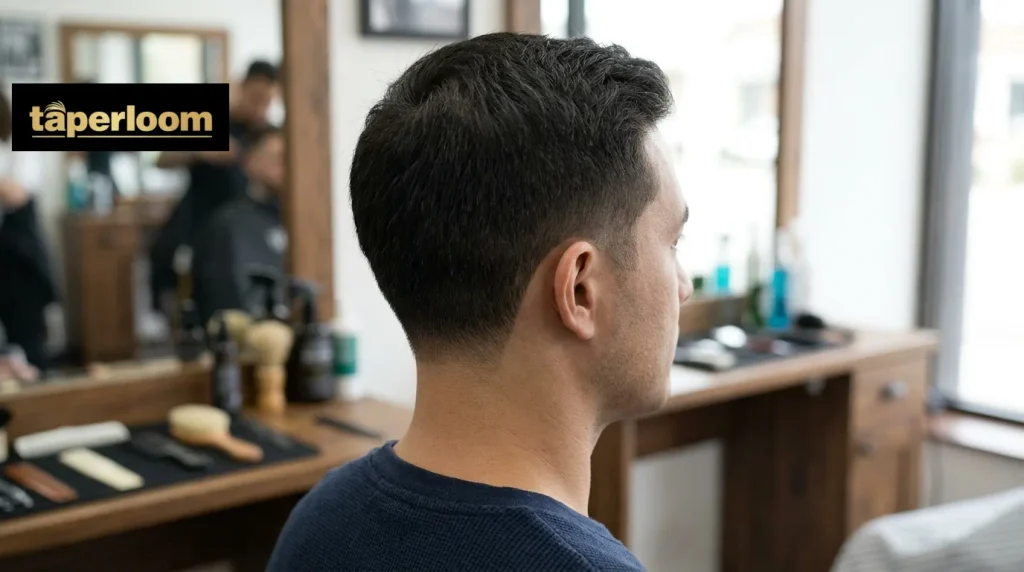 A low taper haircut showing a soft, gradual blend around the sideburns and neckline with little skin exposed