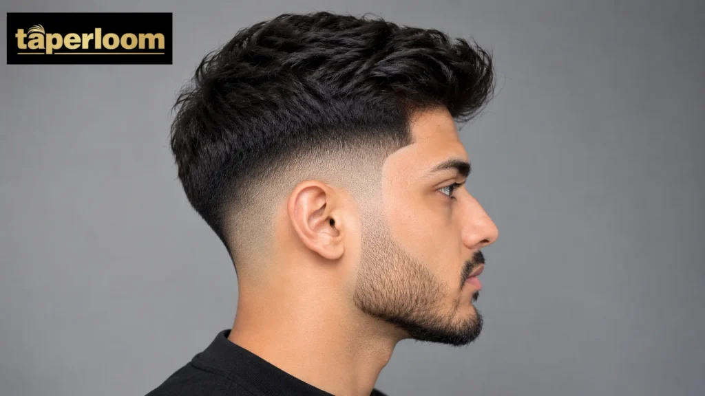 Close-up of a mid taper fade haircut with the blend starting at the At the upper side of the head, level with the top of the ear