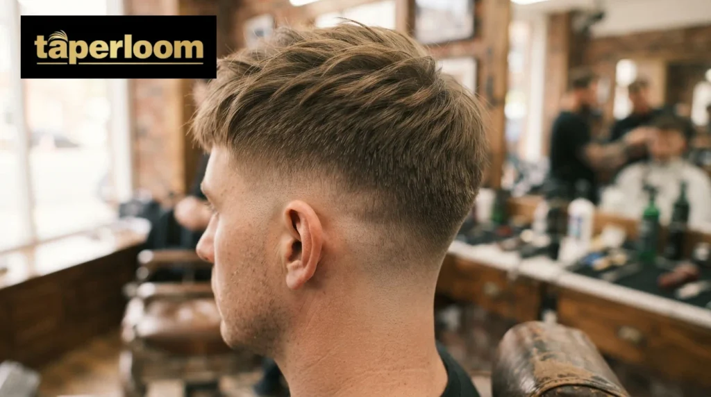 Textured Fringe Mid Taper Close-up of tapered sides blending into a textured fringe on top