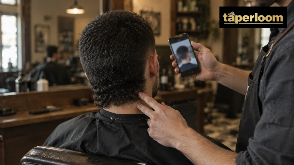Barber showing a reference photo to a client while explaining nape length for a buzz cut mullet