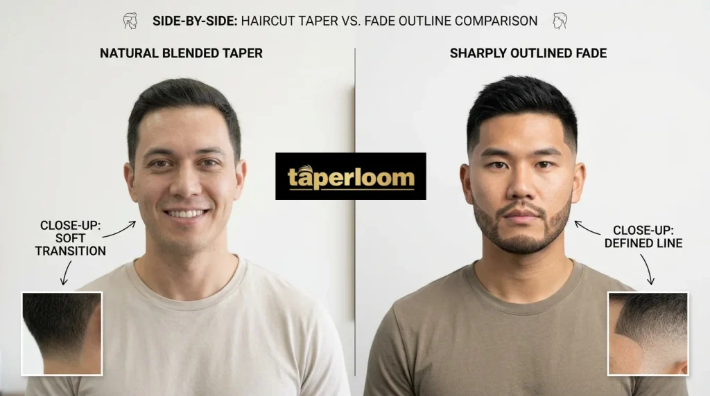 Comparison of which haircut looks more natural — a low taper blending softly versus a low fade with a defined outline