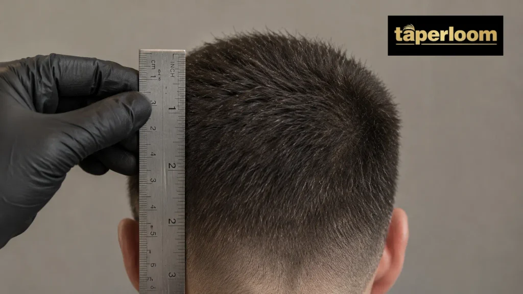 Ruler measuring 10 guard buzz cut length at 1.25 inches on the scalp