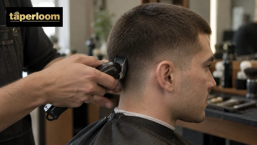 Barber blending a low taper on a 10 guard buzz cut near the ear
