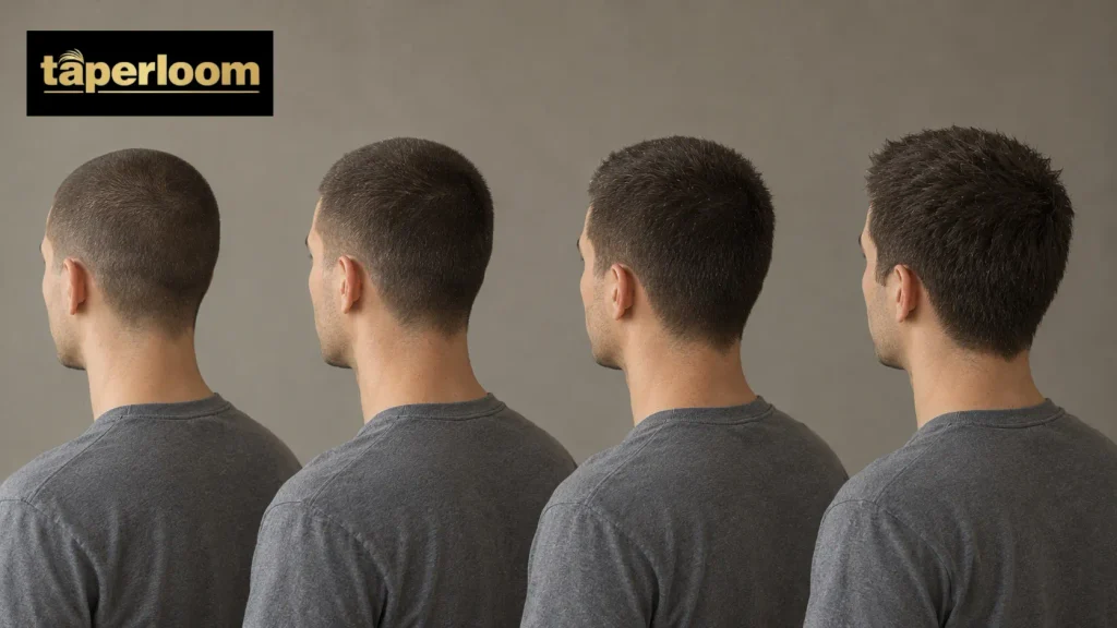 Four men showing 4, 8, 10 and 12 guard buzz cut lengths side by side