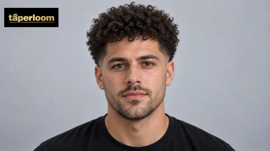 12 guard buzz cut on curly hair, front view of a full rounded curl shape
