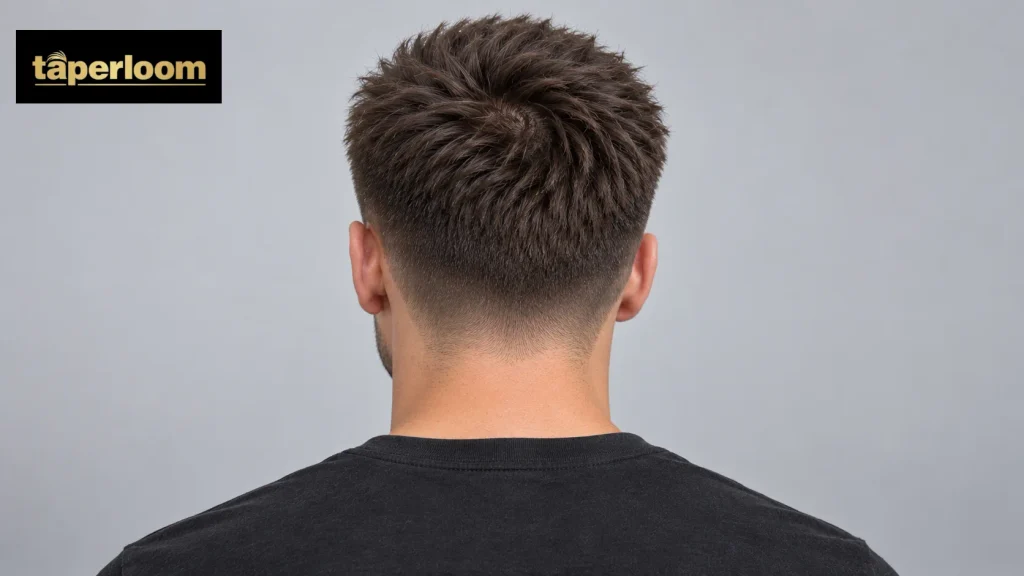 12 guard buzz cut with mid taper, back view with a clean tapered neckline