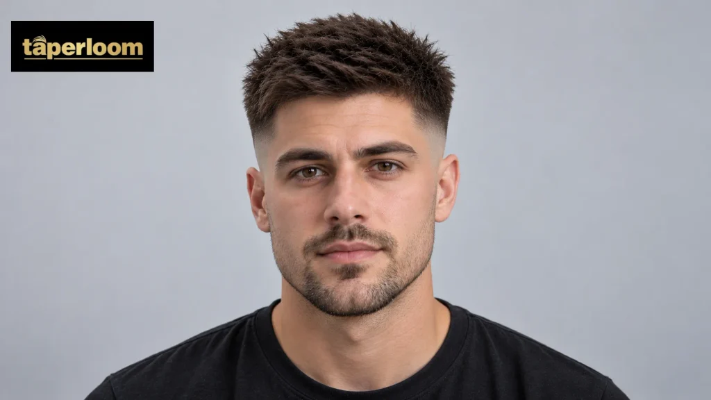 12 guard buzz cut with skin fade, front view showing strong contrast on the sides