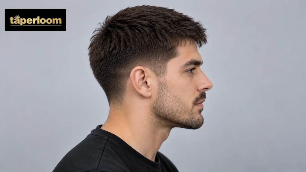 12 guard buzz cut on straight hair, side view with a smooth even surface
