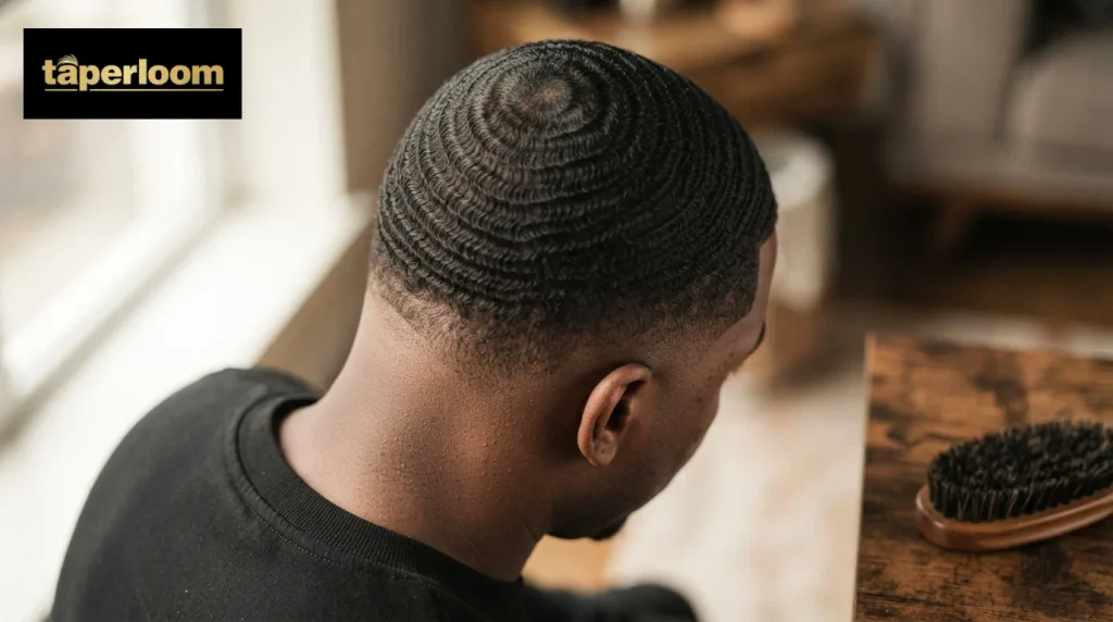 Top and back view of 360 waves rippling from the crown with a high taper fade