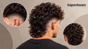Man with a modern curly mullet haircut showing tapered sides and layered curls