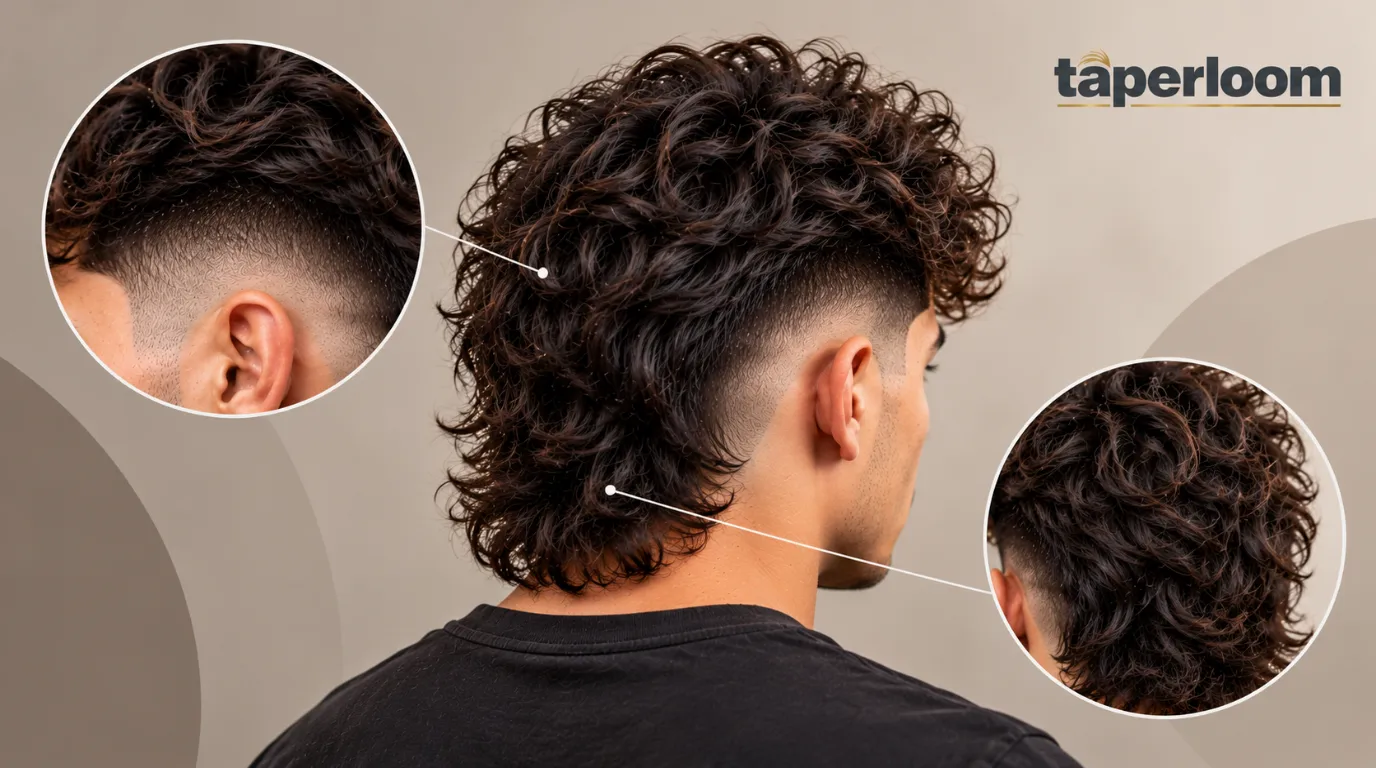Man with a modern curly mullet haircut showing tapered sides and layered curls
