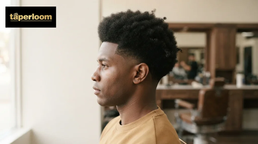 Side profile of a full round afro with a clean high taper fade on a Black man