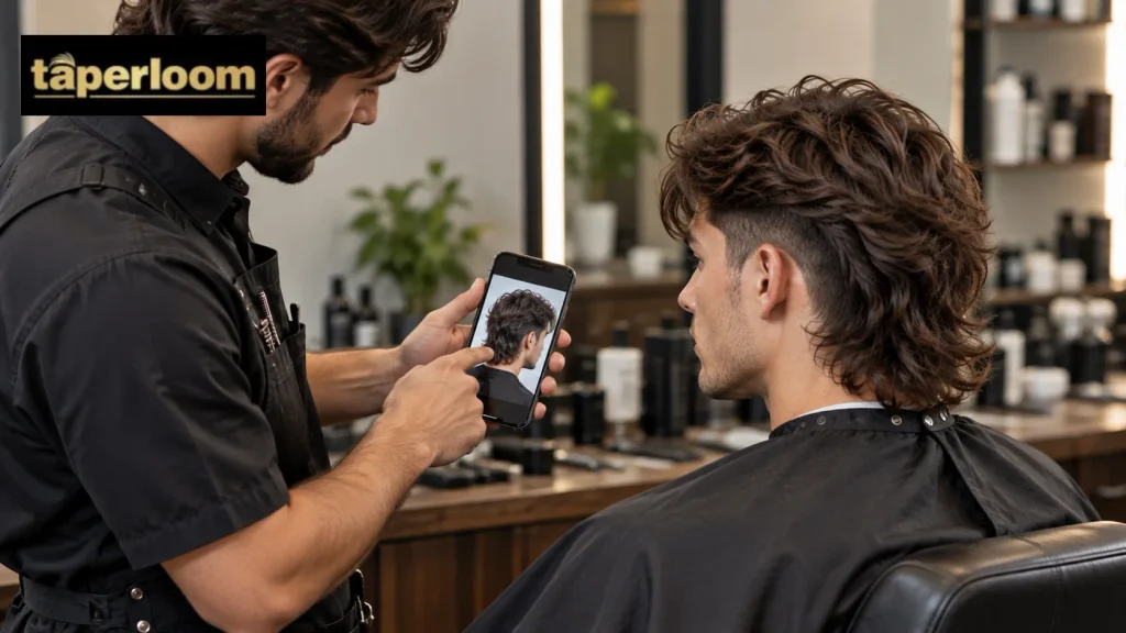 Client showing barber a reference photo for a wavy mullet
