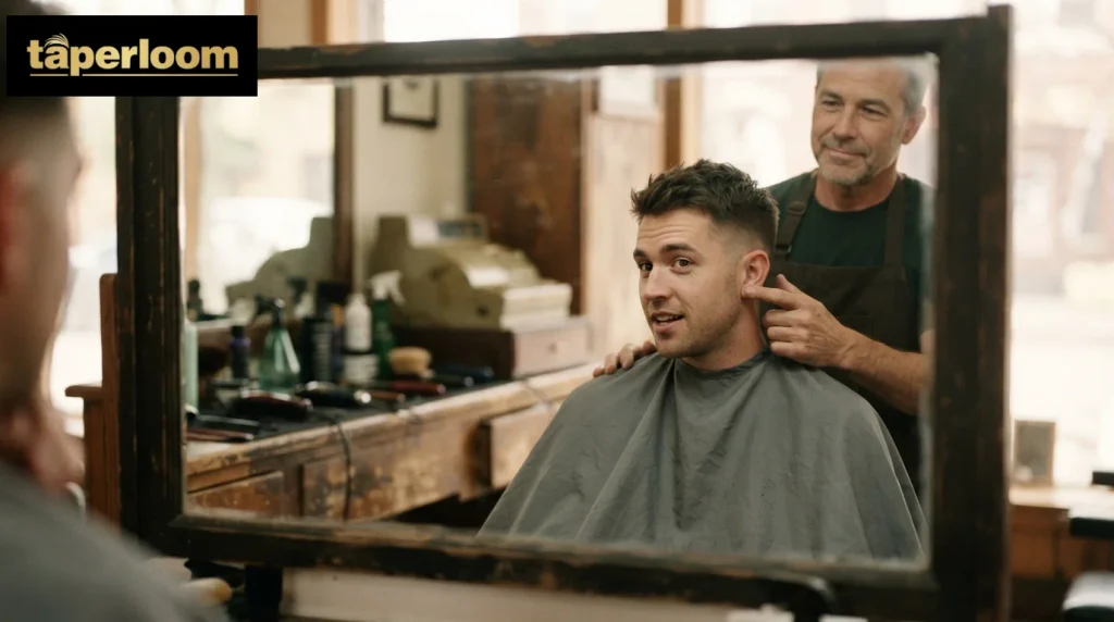 Client explaining a mid drop fade to his barber in a barbershop mirror