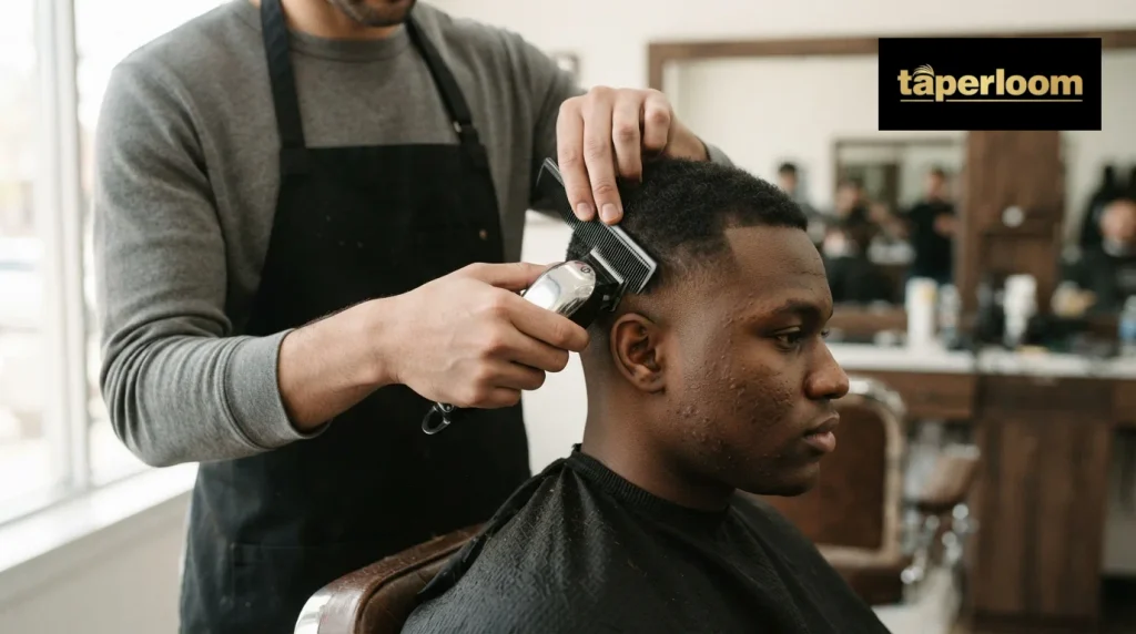 Barber blending the sides of a client's hair with clippers and a comb for a high taper fade