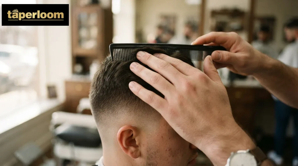 Barber measuring top hair length with a comb before cutting a mid drop fade