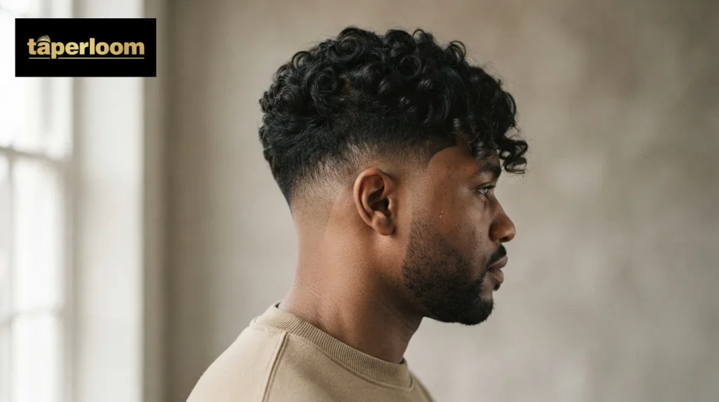 Close up of a burst taper fade curving around the ear on a Black man