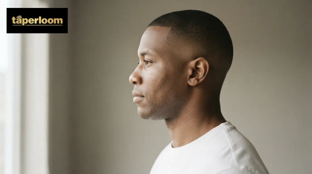 Side profile of a Black man with a buzz cut top and a high taper fade
