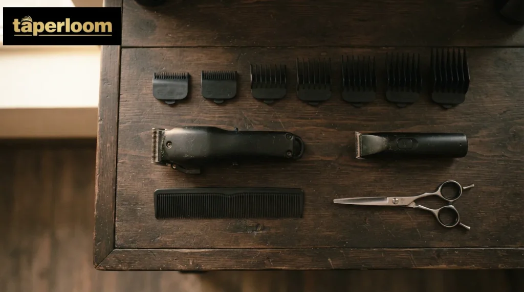Clipper, guard attachments and comb laid out for cutting a mid drop fade