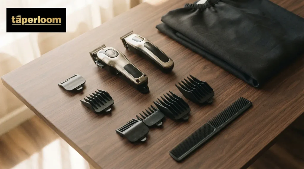 Flat lay of clippers, trimmer, comb and graduated guards used for a high taper fade
