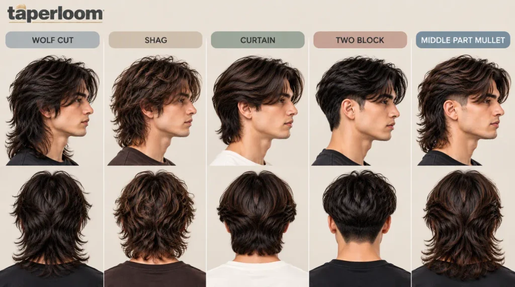 Comparison of middle part mullet with wolf cut, shag and curtain haircuts