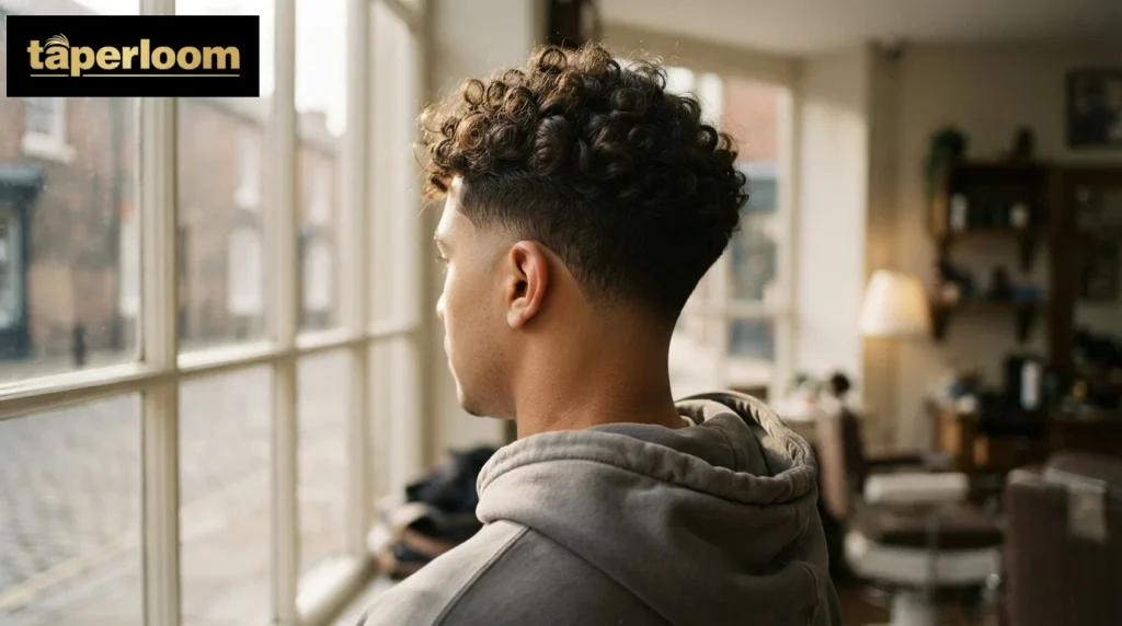 Curly mid drop fade with natural curls on top and clean curved sides