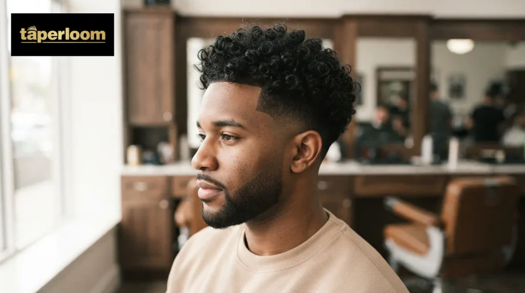 Three quarter view of defined natural curls on top with a high taper fade on a Black man