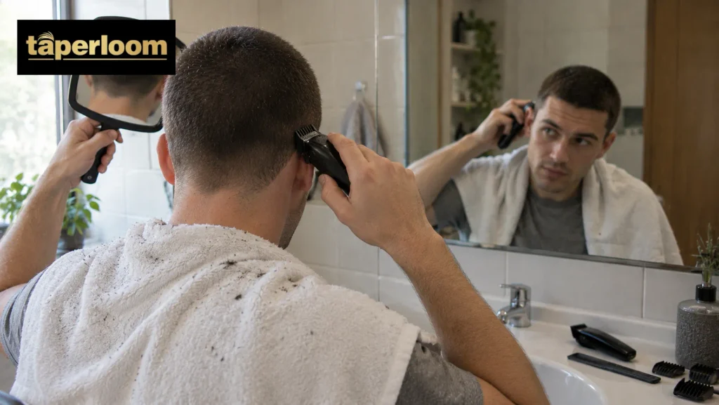 Man cutting his own 10 guard buzz cut at home with a clipper and hand mirror