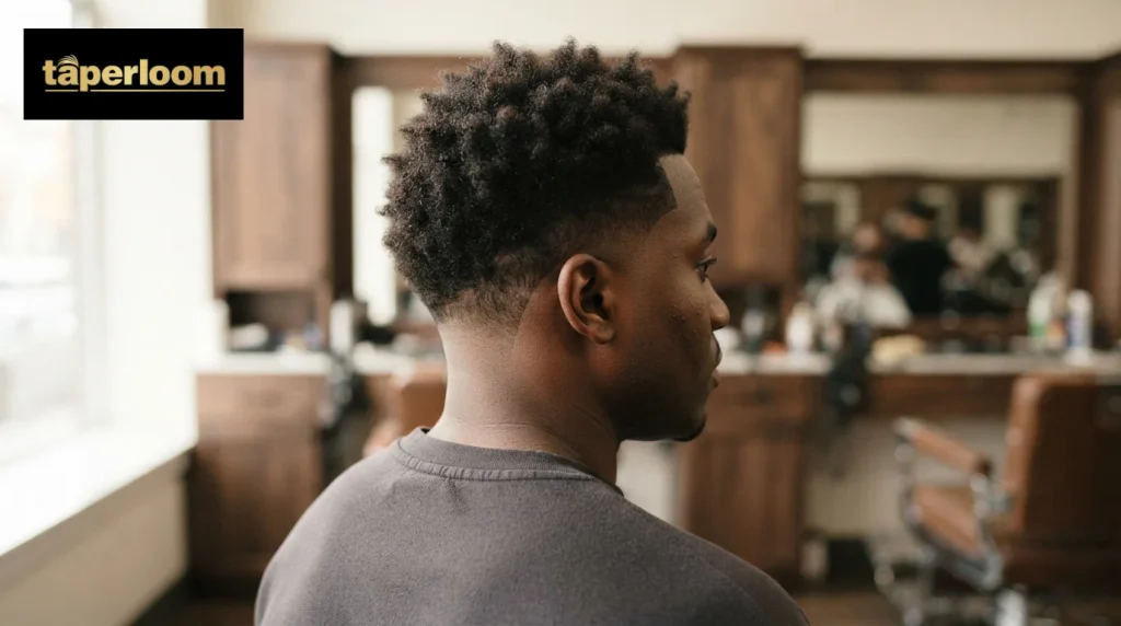 Back three quarter view of a drop taper fade dipping behind the ear on a Black man