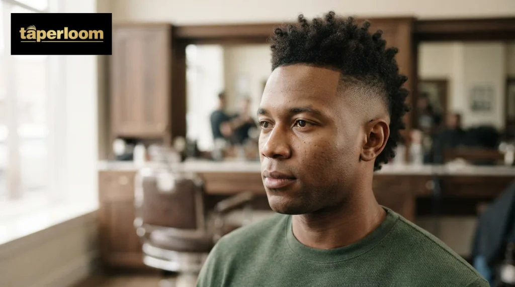 Front three quarter view of a frohawk with tight faded sides on a Black man