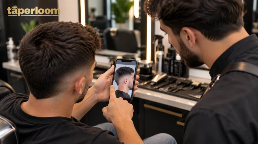 Client showing a haircut reference photo to a barber before a burst fade buzz cut