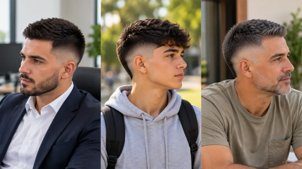 Professional, teen and older man each wearing a burst fade buzz cut